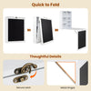 Convertible wall-mounted table with a chalkboard, featuring metal hinges and a secure latch for space-saving storage.