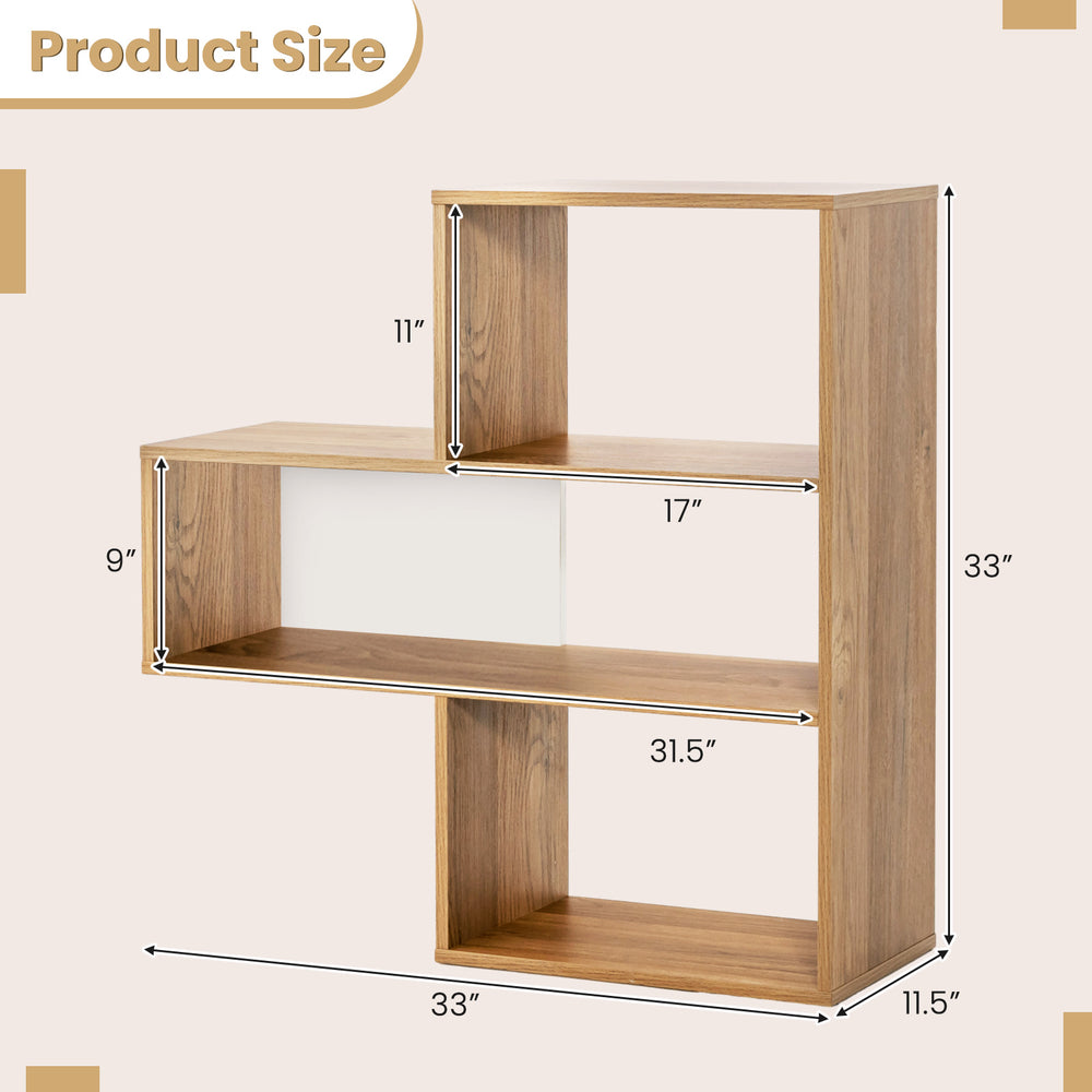 Convex bookshelf with three open shelves, geometric design, 33" height, ideal for living room or office organization.