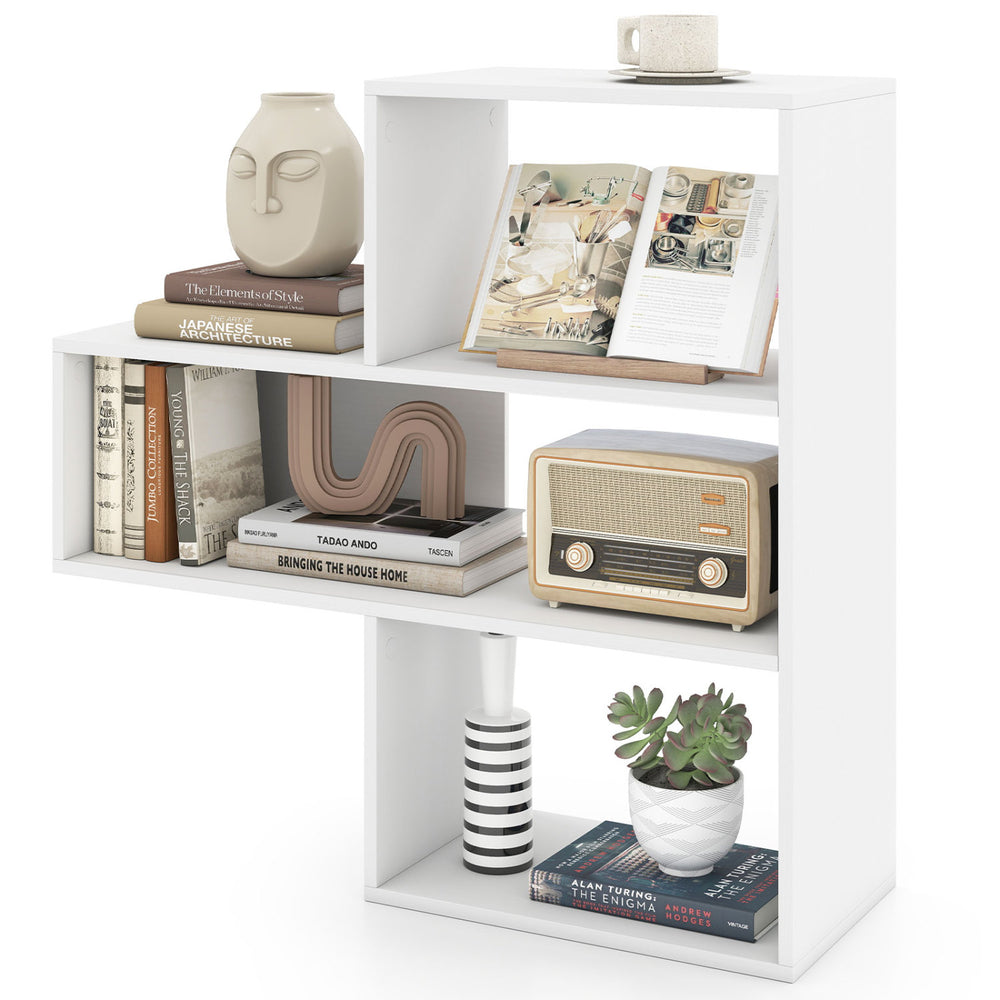 White Convex Bookshelf features 3 open shelves, geometric design, and anti-toppling devices for stability in any room.