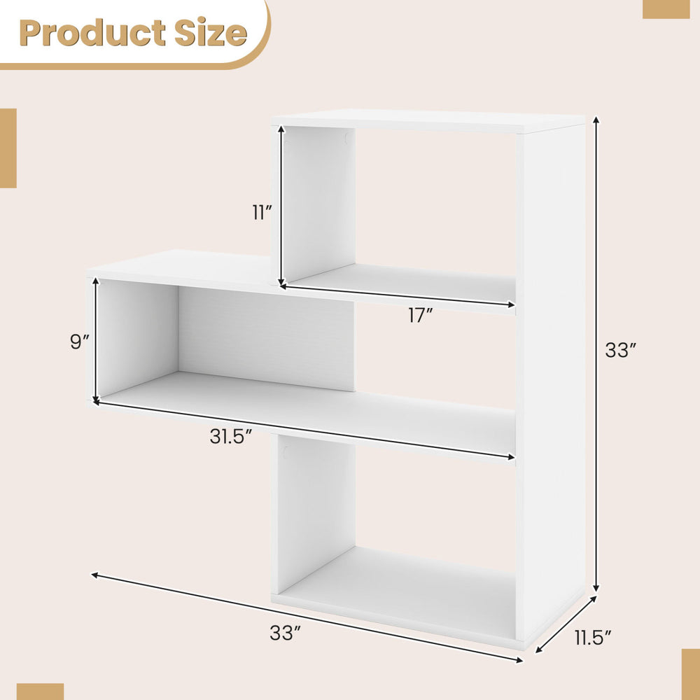 Convex bookshelf in white features 3 open shelves, anti-toppling device, and geometric design for versatile storage.
