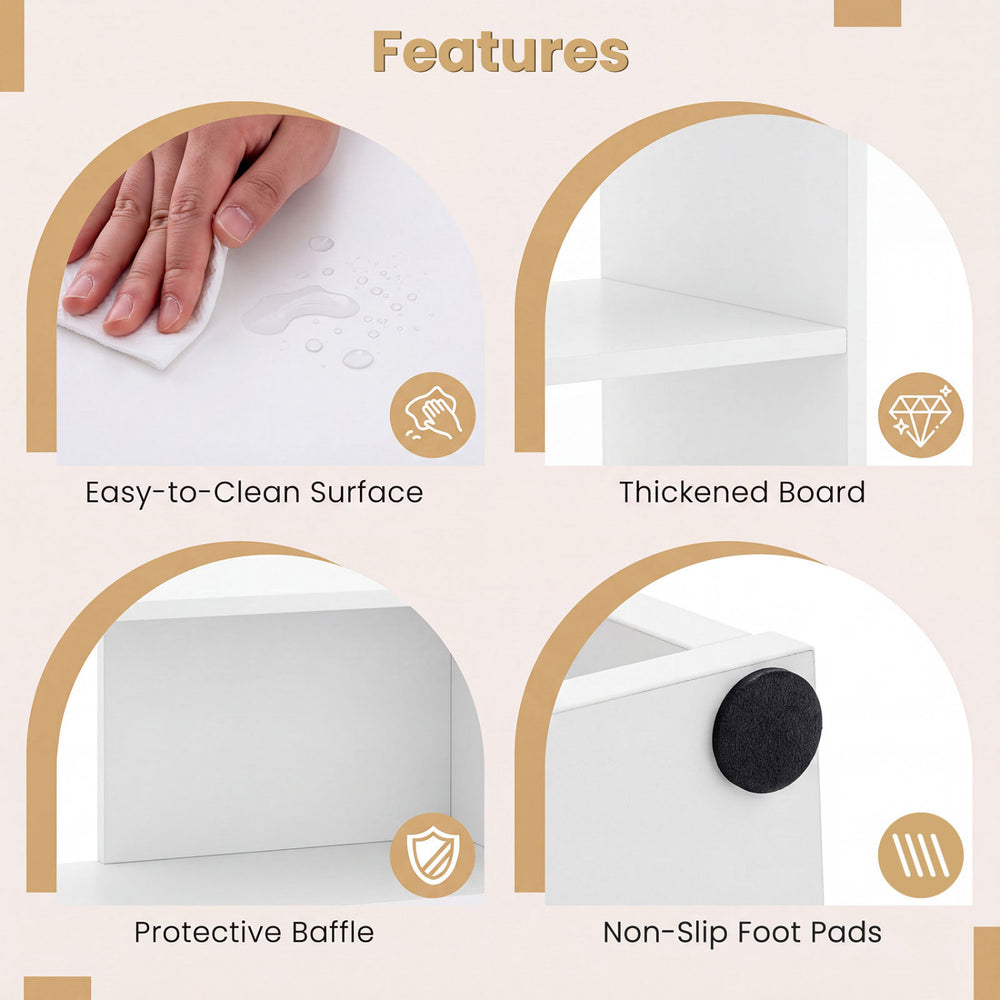 Convex bookshelf in white features three open shelves, thickened board, and non-slip foot pads for versatile storage.
