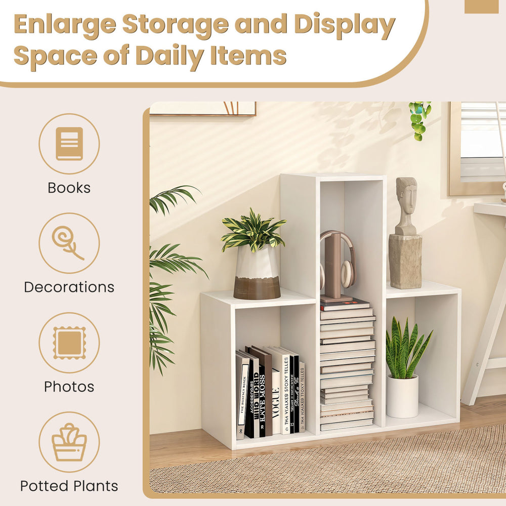 Convex bookshelf in white features three open shelves for storage and display, ideal for living room or office use.