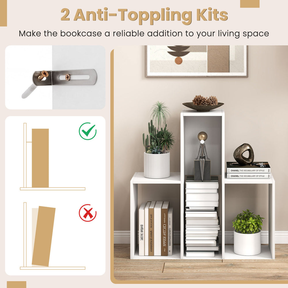 Convex bookshelf in white features 3 open shelves, anti-toppling devices, and a geometric design for versatile storage.