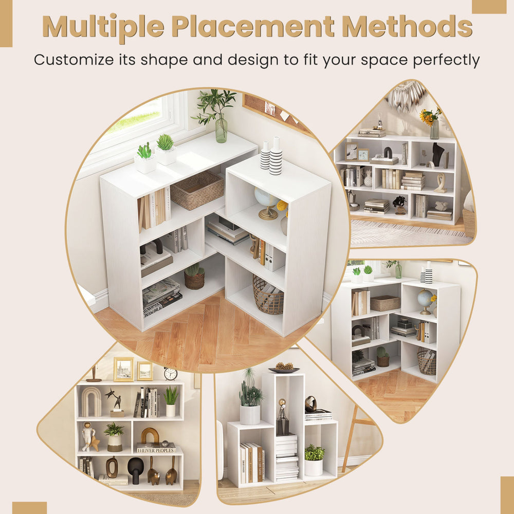 Convex bookshelf in white featuring three open shelves, anti-toppling devices, and a stylish geometric design for versatile use.