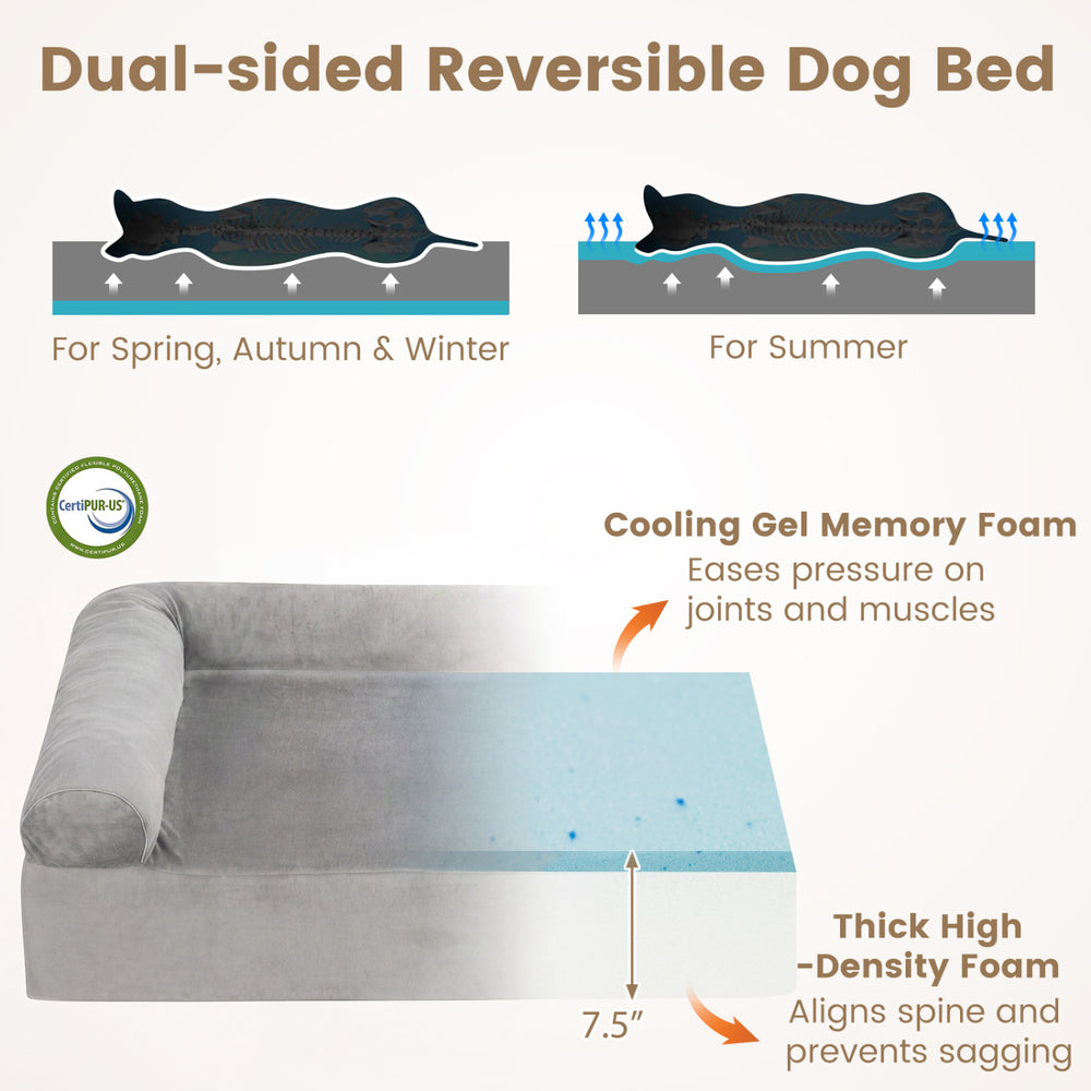 Dual-sided reversible dog bed featuring cooling gel memory foam and 7" thick high-density foam for medium dogs.
