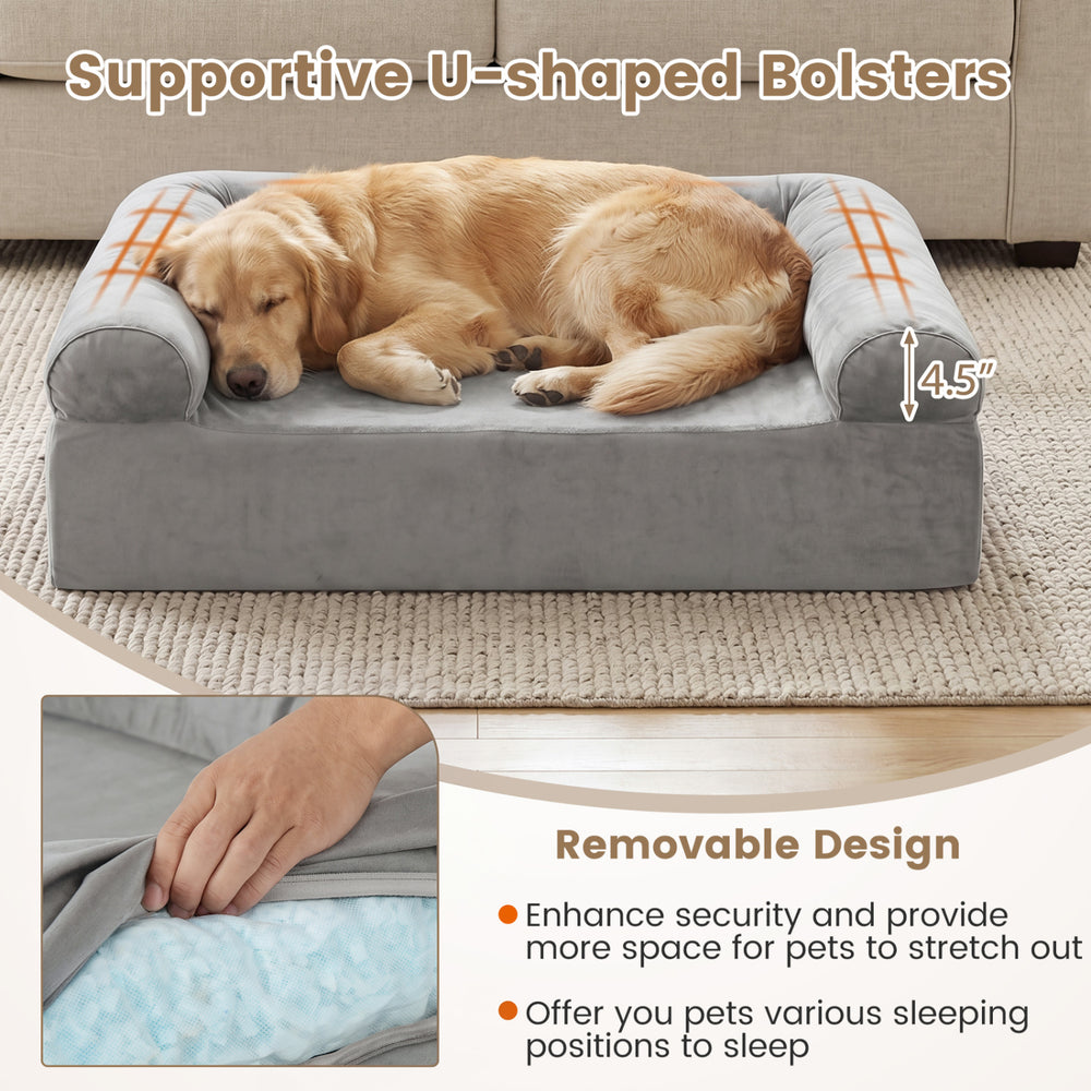 Cooling gel memory foam dog bed with U-shaped bolsters in light gray, offering comfort and support for medium dogs.