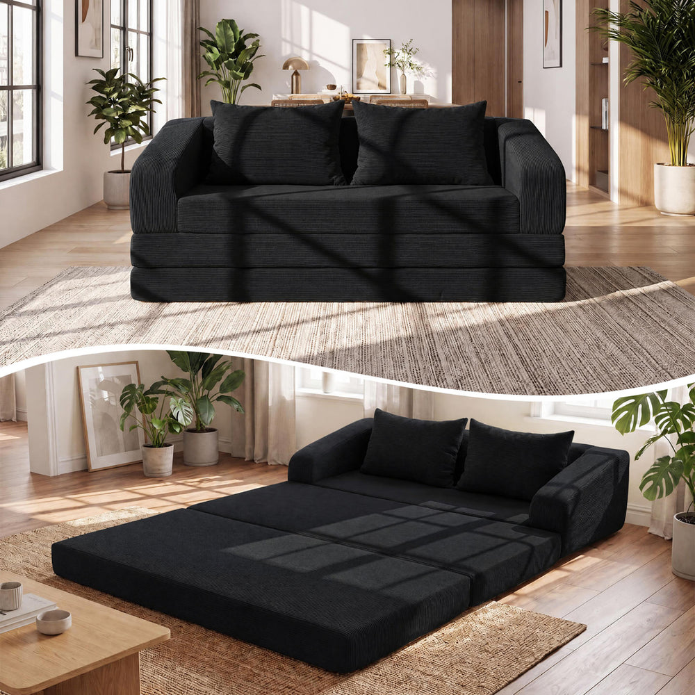 Corduroy loveseat sleeper sofa in black with two back cushions, easily converts for versatile use in living rooms or bedrooms.