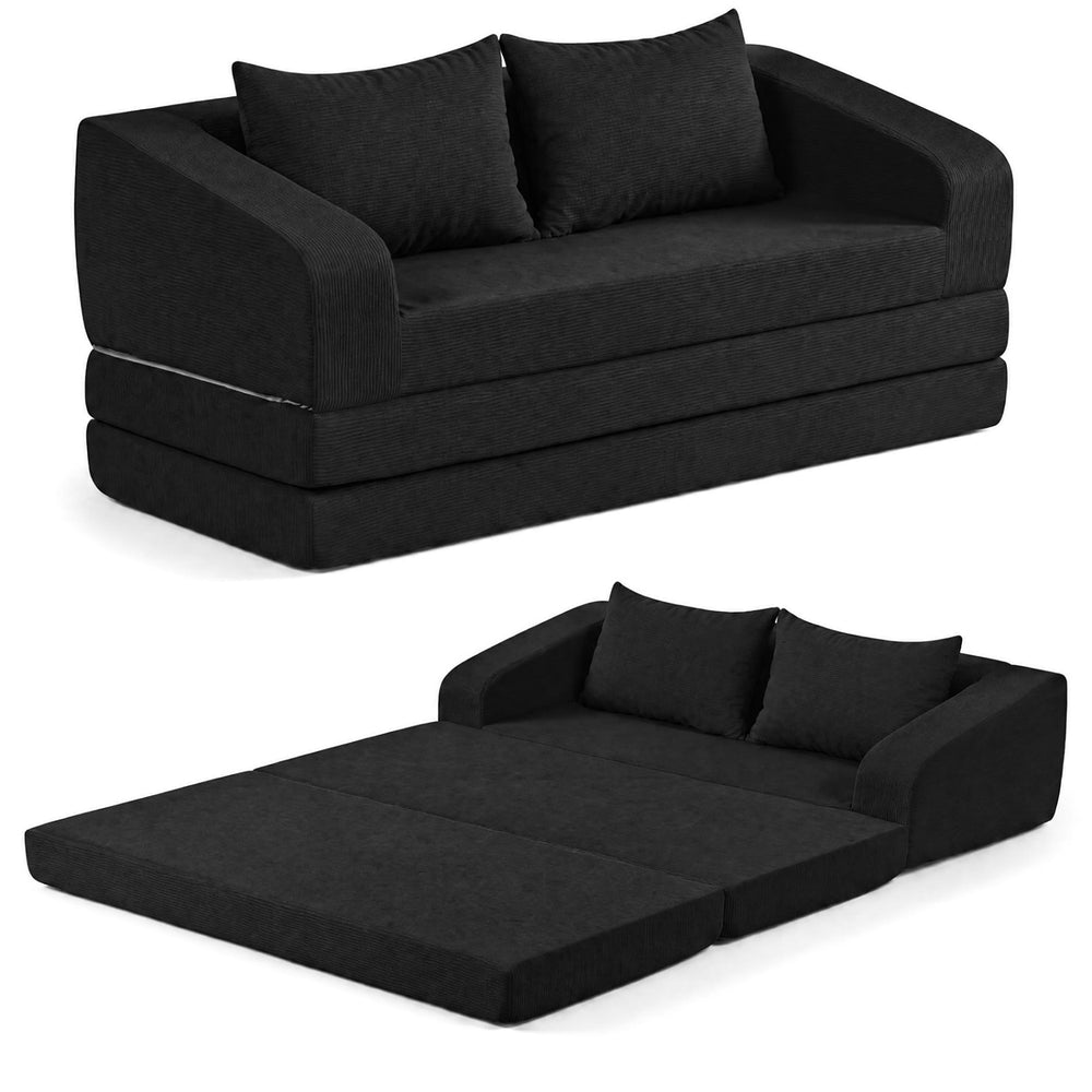 Corduroy loveseat sleeper sofa in black with two removable back cushions, easily converts for versatile living room use.