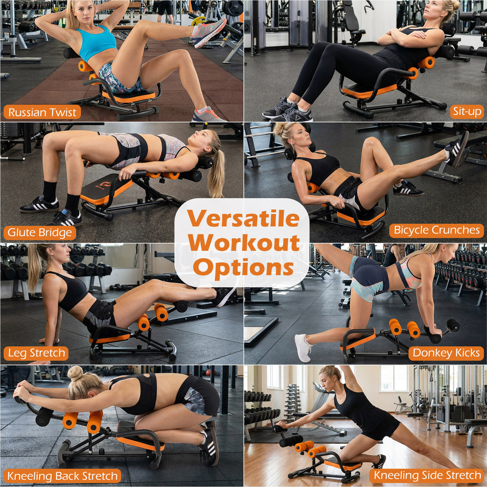 Core Fitness abdominal trainer showcasing versatile workout options like glute bridges and bicycle crunches for core.