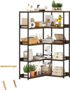 5-tier corner bookshelf with rustic brown shelves and metal frame, ideal for living room or study storage and display.