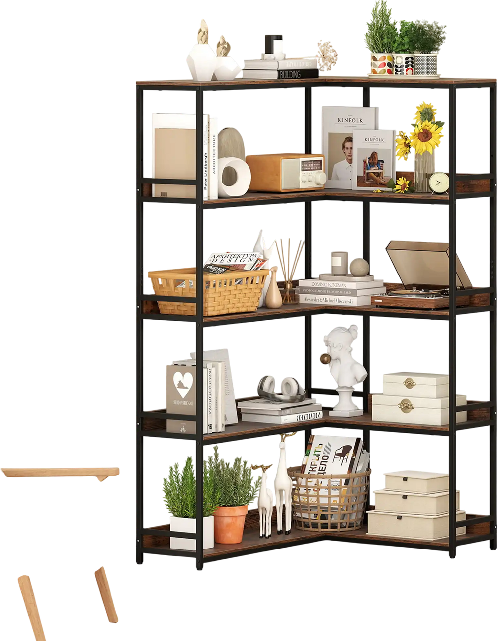 5-tier corner bookshelf with rustic brown shelves and metal frame, ideal for living room or study storage and display.
