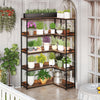 5-tier L-shaped corner bookshelf in rustic brown with metal frame, ideal for displaying plants and decor in any space.