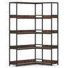 5-tier L-shaped corner bookshelf with a rustic brown finish and metal frame, ideal for living room or study storage.