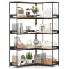5-tier L-shaped corner bookshelf with rustic brown shelves and metal frame, ideal for living room or study organization.