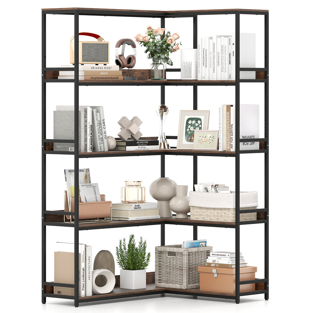 5-tier L-shaped corner bookshelf with rustic brown shelves and metal frame, ideal for living room or study organization.