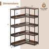 5-tier corner bookshelf with rustic brown shelves and metal frame, designed for space-saving storage in any room.