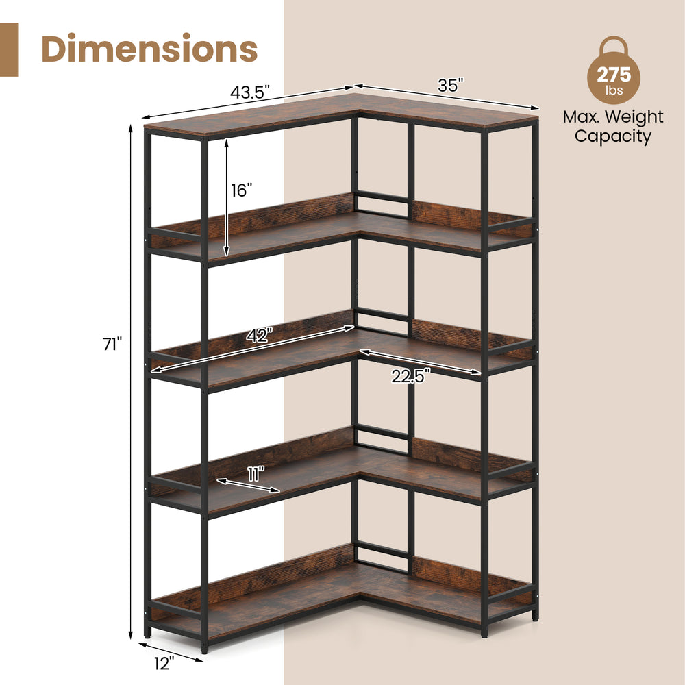 5-tier corner bookshelf with rustic brown shelves and metal frame, designed for space-saving storage in any room.