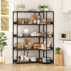 5-tier L-shaped corner bookshelf in rustic brown with metal frame, ideal for kitchen or living room storage and display.