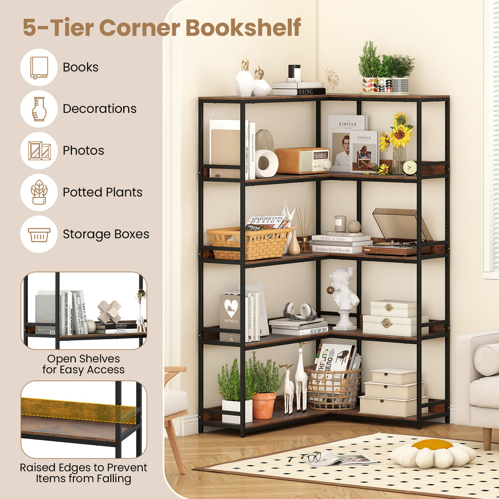5-tier corner bookshelf in rustic brown with open shelves, metal frame, and raised edges for secure storage and display.