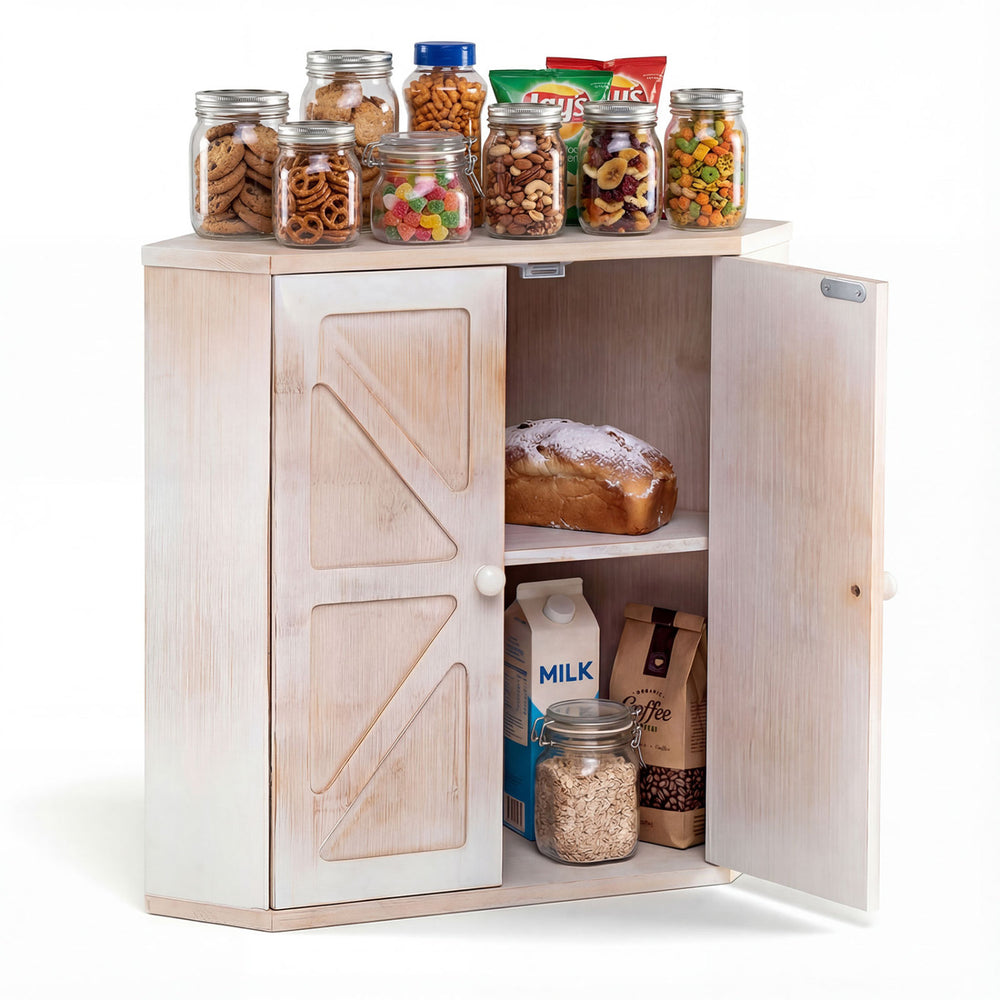 Corner bamboo bread box with dual-layer design, adjustable shelf, and farmhouse style for kitchen storage.