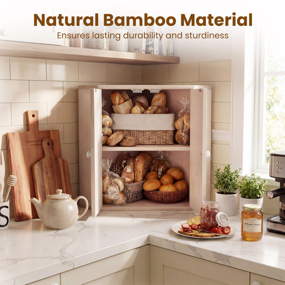 Corner bread box in white bamboo with dual-layer design, perfect for kitchen storage of bread and snacks.