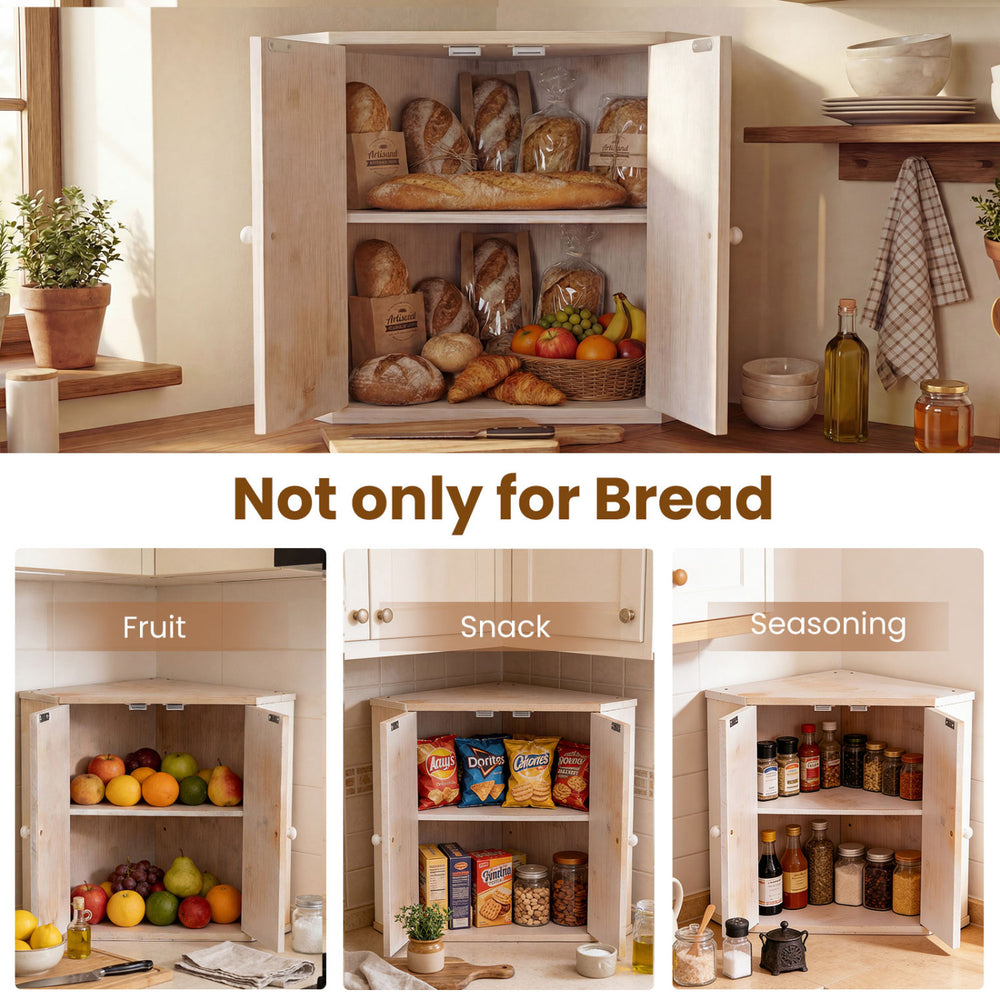 Dual-layer bamboo corner bread box organizer in white, perfect for storing bread, fruit, and snacks in kitchen spaces.