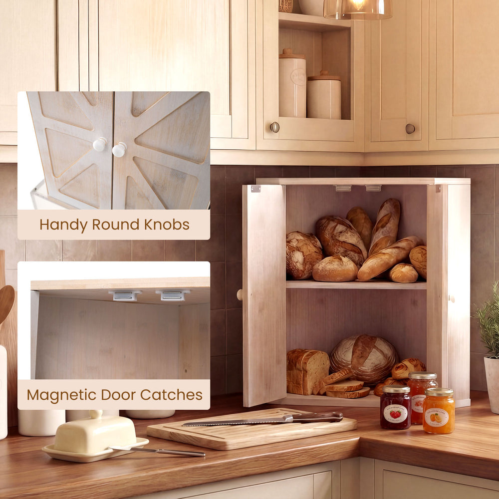 Corner bread box with dual-layer design and solid wood knobs, perfect for storing bread and snacks in kitchen corners.