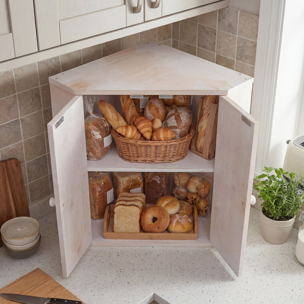 Corner bamboo bread box with dual-layer design, adjustable shelf, and solid wood knobs for kitchen counter storage.