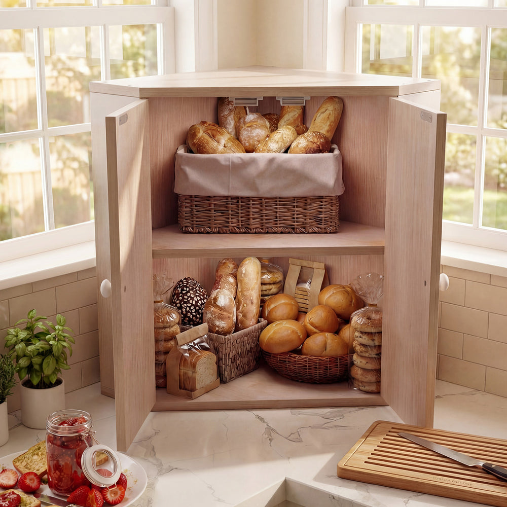 Corner bamboo bread box with dual-layer design, adjustable shelf, and solid wood knobs for kitchen organization.