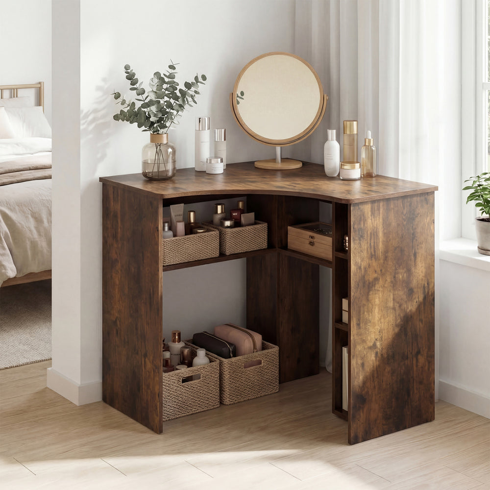 Corner Computer Desk Triangle Home Office Desk with Adjustable Shelf and Arc-Shaped Profile-Rustic Brown - Gallery View 1 of 10