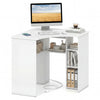 Corner computer desk in white with adjustable shelf, arc-shaped profile, and five open shelves for versatile storage.