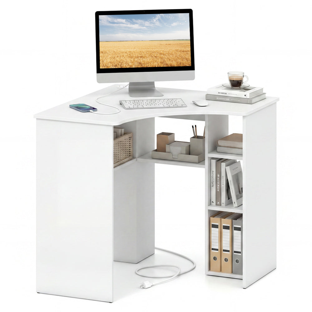 Corner computer desk in white with adjustable shelf, arc-shaped profile, and five open shelves for versatile storage.
