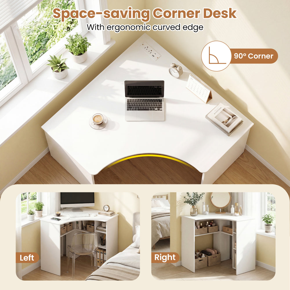 Corner computer desk with an arc-shaped profile and adjustable shelves, perfect for home office or study use.