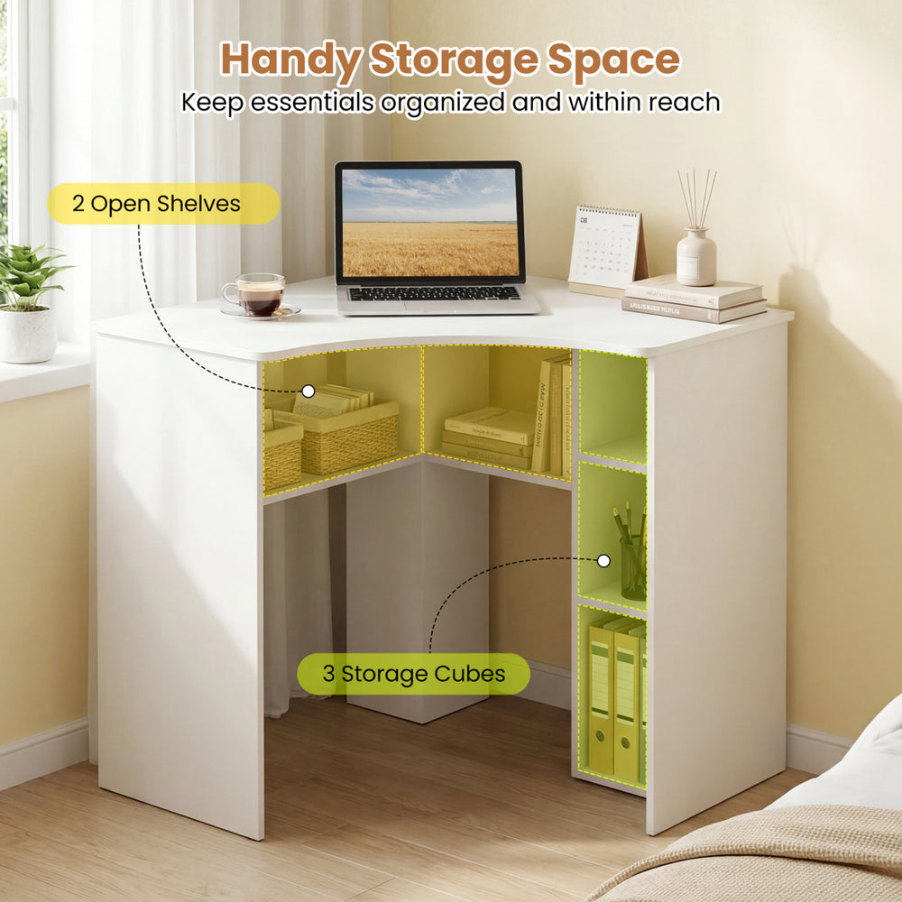 Corner computer desk with arc-shaped profile, featuring 2 open shelves and 3 storage cubes for efficient organization.
