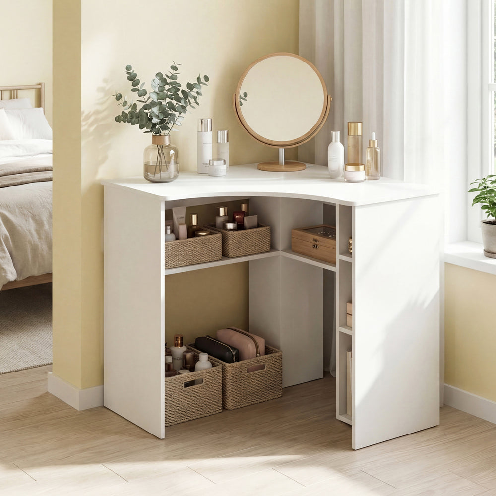 Corner computer desk with an arc-shaped profile, featuring adjustable shelves and a spacious white surface for versatile use.