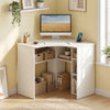 Corner computer desk in white features a triangle design, adjustable shelf, and arc-shaped profile for versatile workspace use.