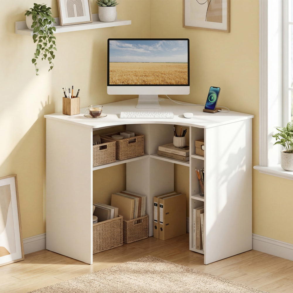 Corner computer desk in white features a triangle design, adjustable shelf, and arc-shaped profile for versatile workspace use.
