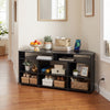 Corner TV stand in black for TVs up to 55 inches, featuring ample storage and a convenient charging station.