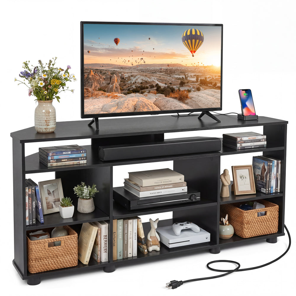 Corner entertainment center TV stand in black, suitable for TVs up to 55 inches, featuring ample storage and adjustable.
