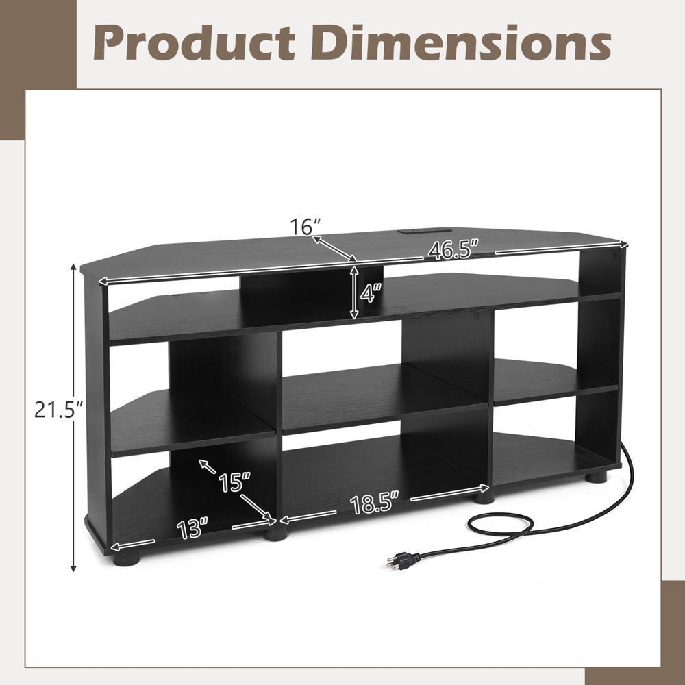 Corner TV stand with dimensions, designed for TVs up to 55 inches, featuring adjustable shelves and ample storage.