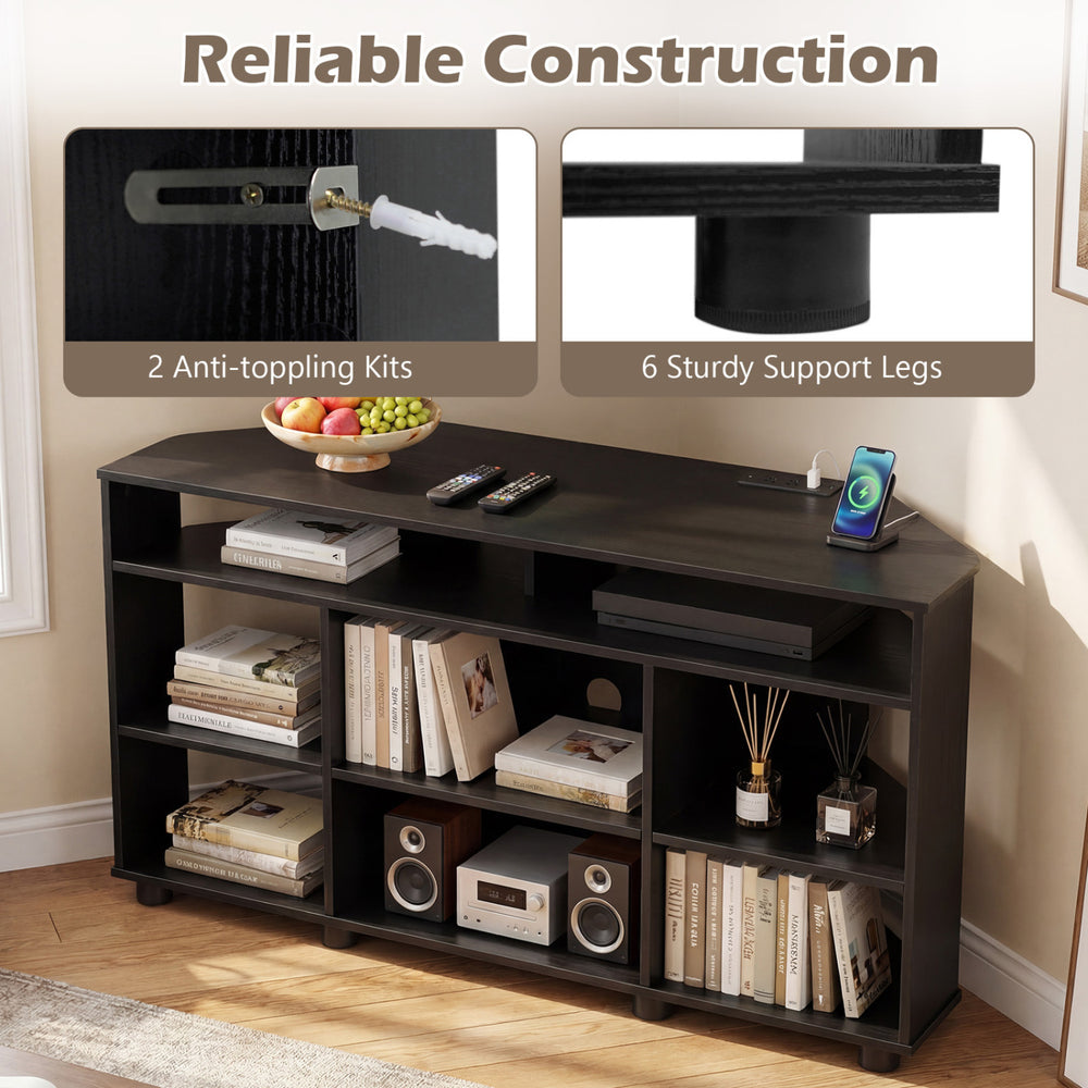 Corner entertainment center in black with ample storage, adjustable shelves, and sturdy support legs for TVs up to 55.