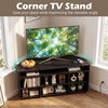 Corner TV stand in black for TVs up to 55 inches, featuring ample storage and adjustable shelves for versatile use.
