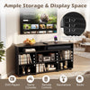 Corner entertainment center TV stand in black, featuring ample storage, adjustable shelves, and space for TVs up to 55.