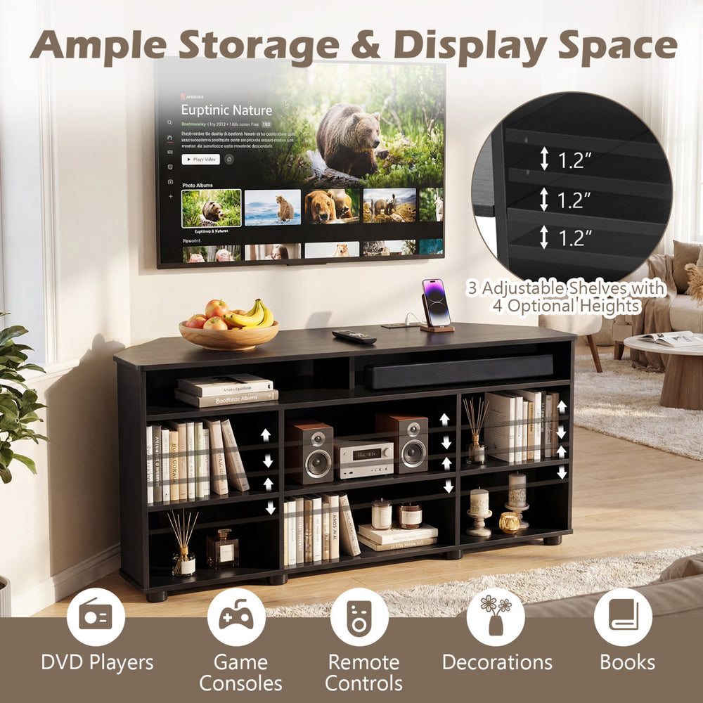 Corner entertainment center TV stand in black, featuring ample storage, adjustable shelves, and space for TVs up to 55.