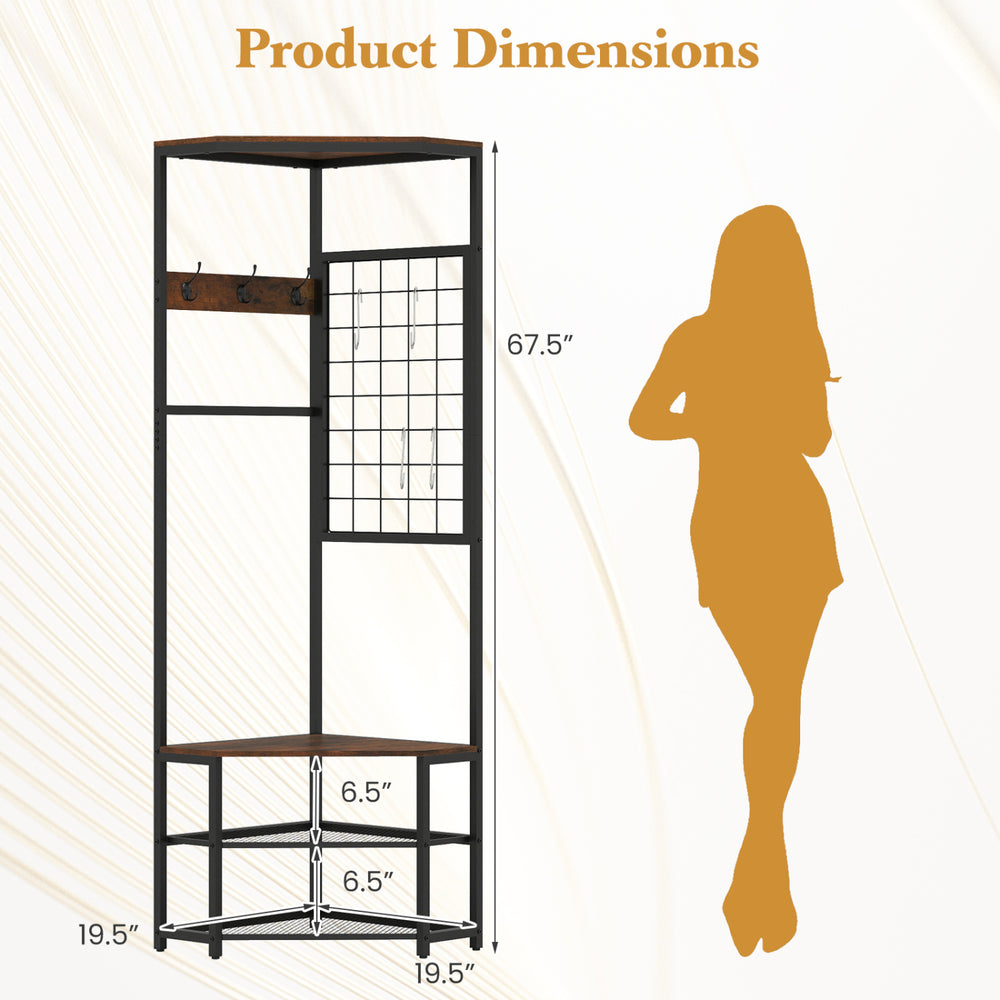 Corner hall tree with a right-angle design, brown finish, featuring coat hooks and storage shelves for entryway.