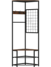 Freestanding corner hall tree with brown shelves, metal frame, 3 coat hooks, and 4 S-shaped hooks for entryway storage.