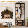Corner hall tree with storage shelves and removable hooks in brown, designed for space-saving in entryways or bedrooms.