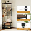 Corner hall tree with a brown finish, featuring a sturdy metal frame, hooks, and storage shelves for entryway.