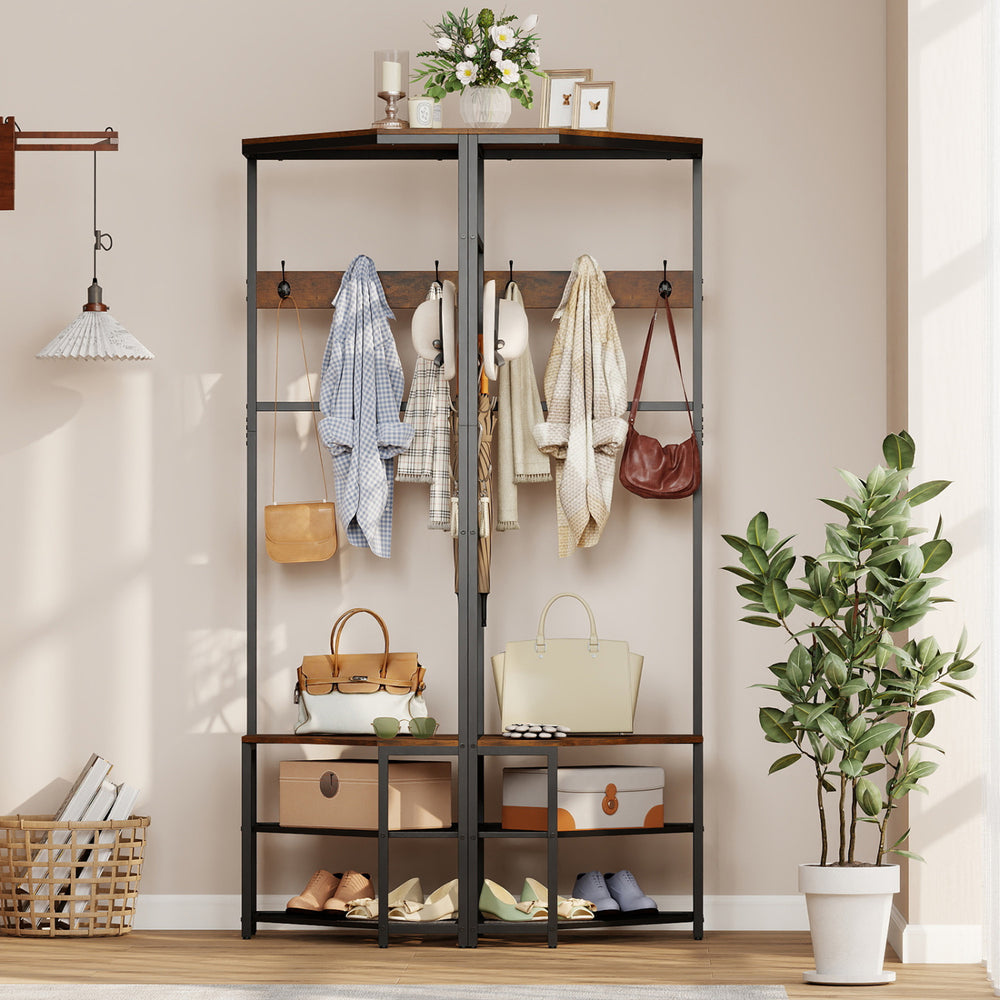 Corner hall tree with brown finish, featuring coat hooks, storage shelves, and a sturdy metal frame for entryway.