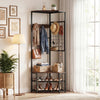 Freestanding corner hall tree in brown with coat hooks and storage shelves, perfect for entryway organization.